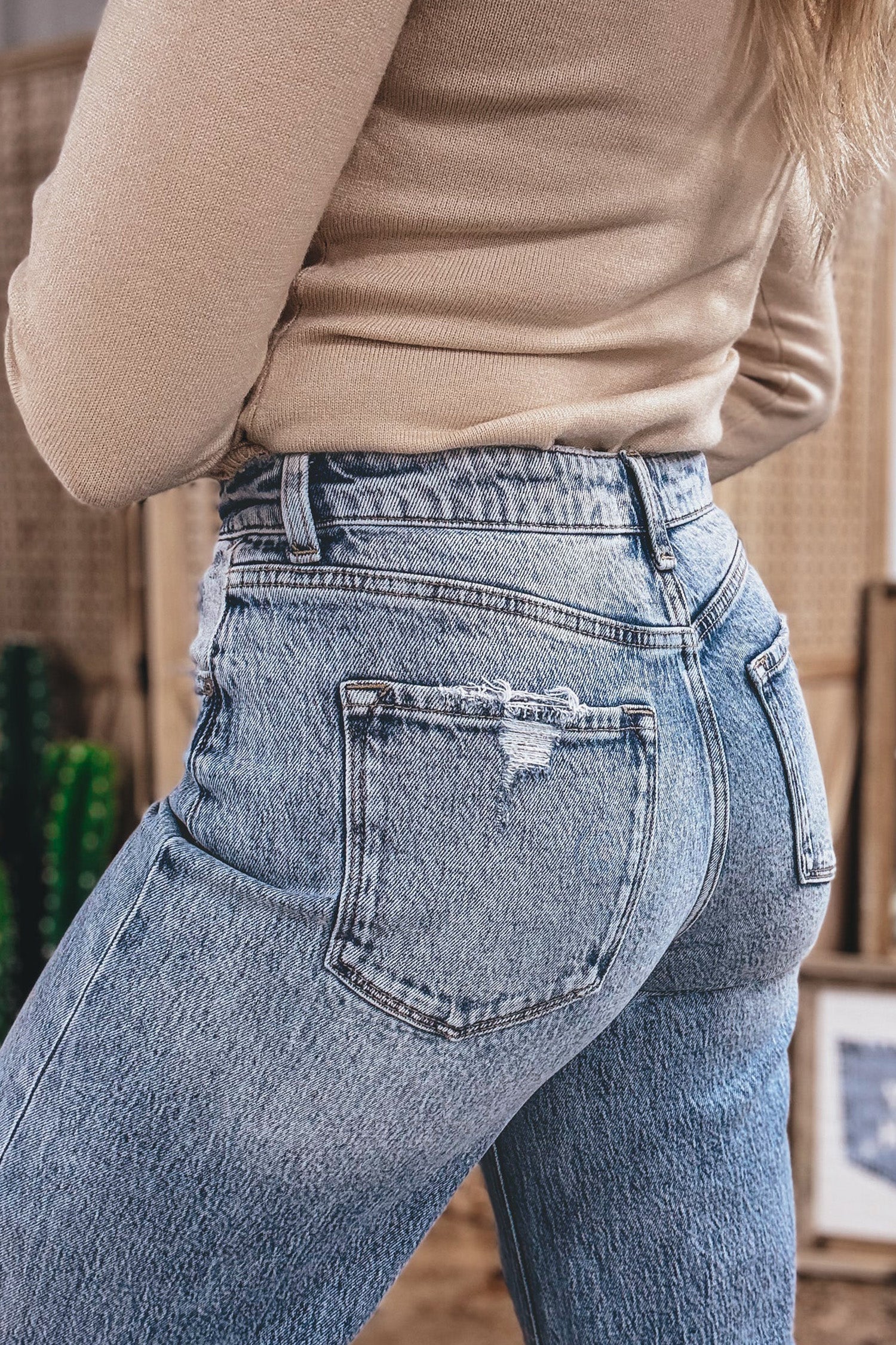 Blue Cuffed Straight Leg Jeans