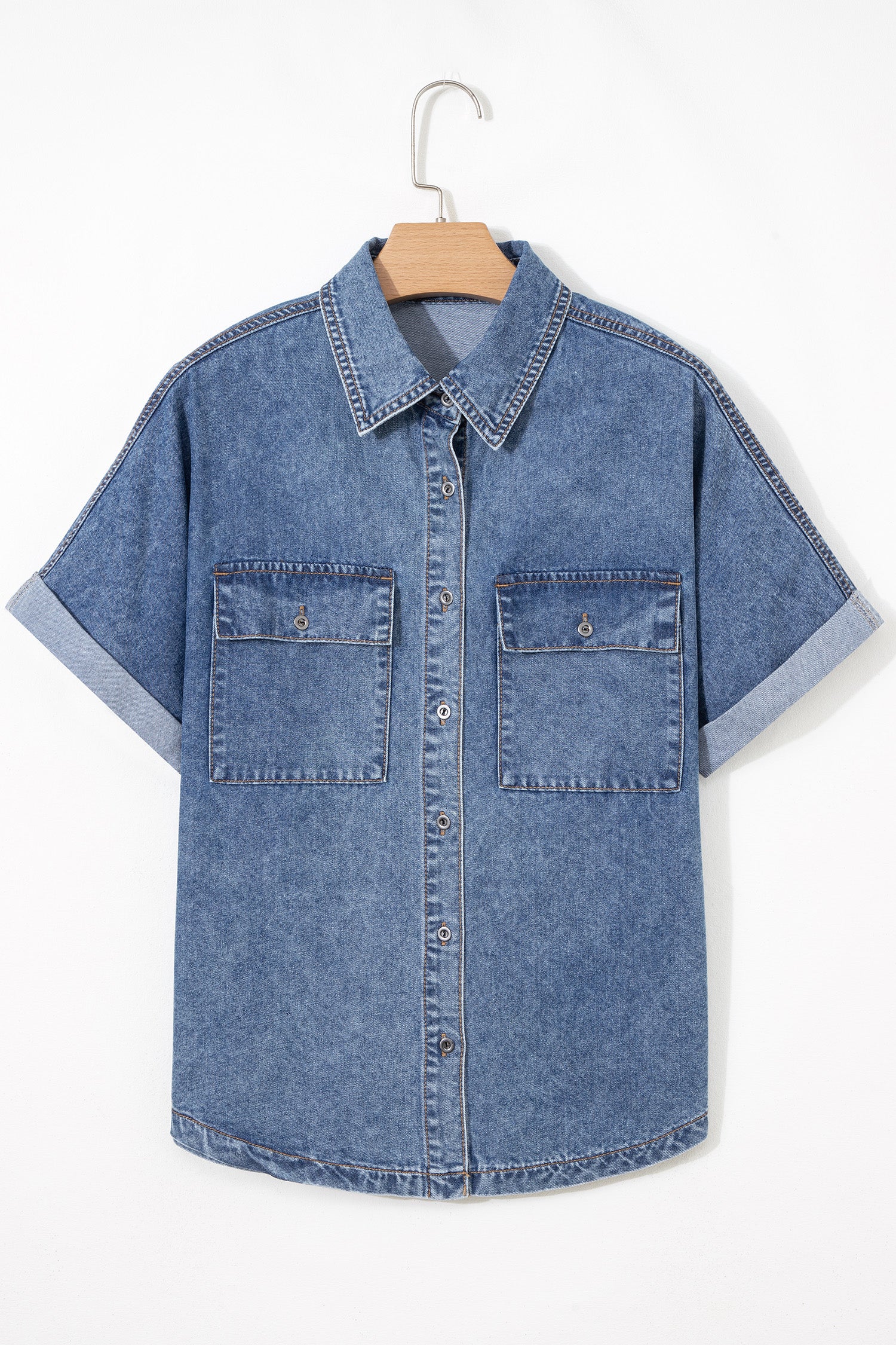 Blue Cuffed Short Sleeve Denim Shirt