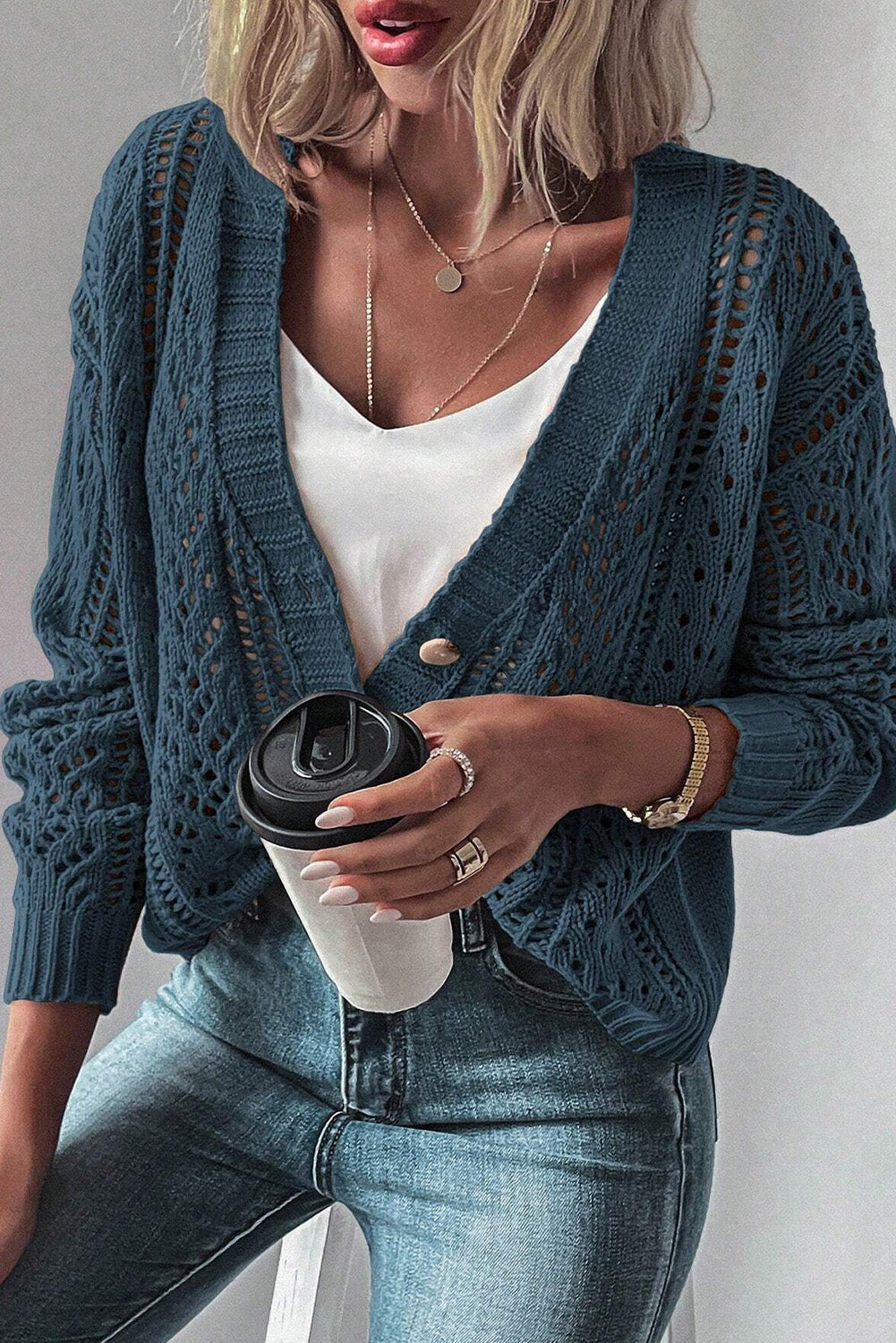 Teal Open Knit Drop Shoulder Cardigan