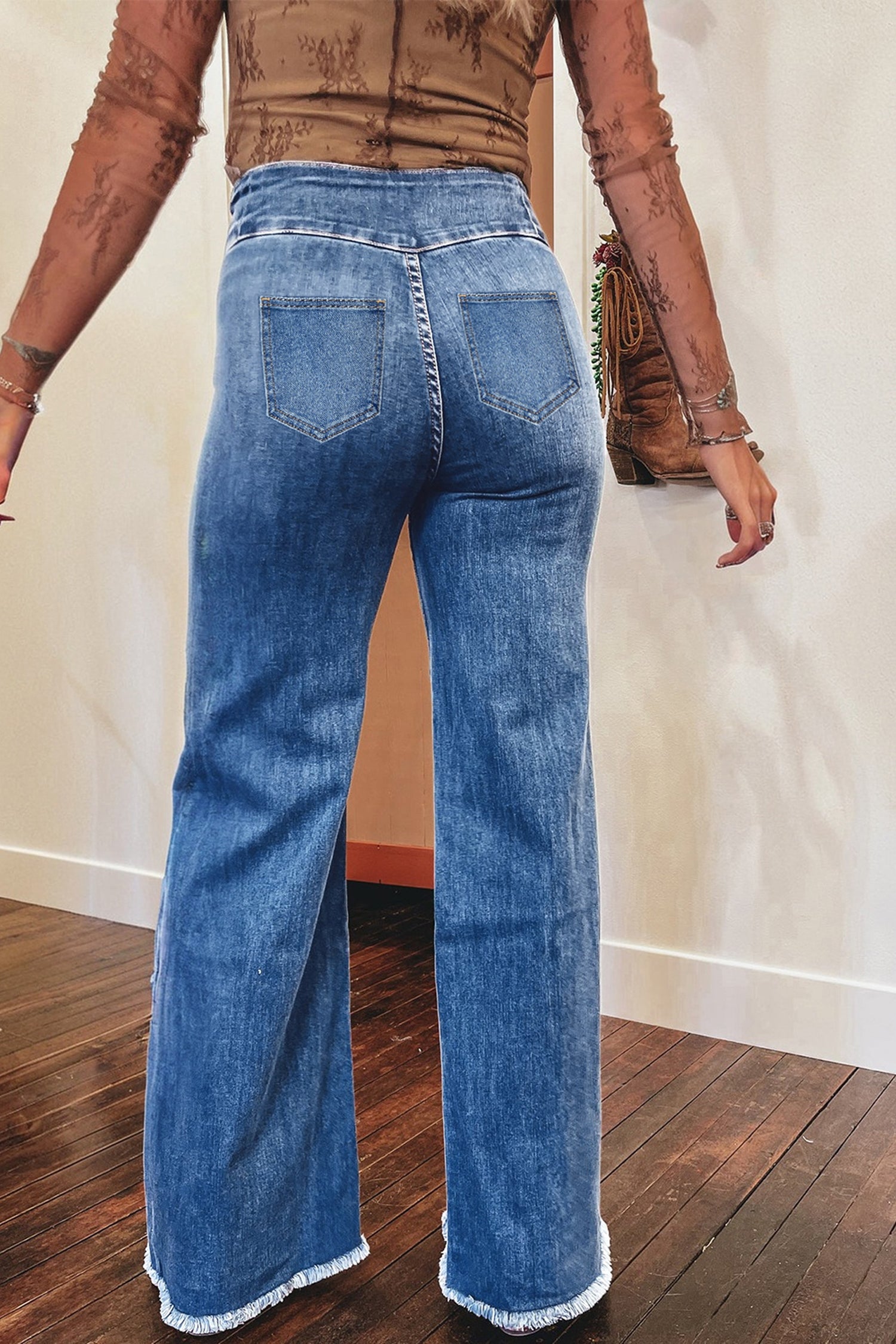 Sail Blue Raw Hem Flare Jeans