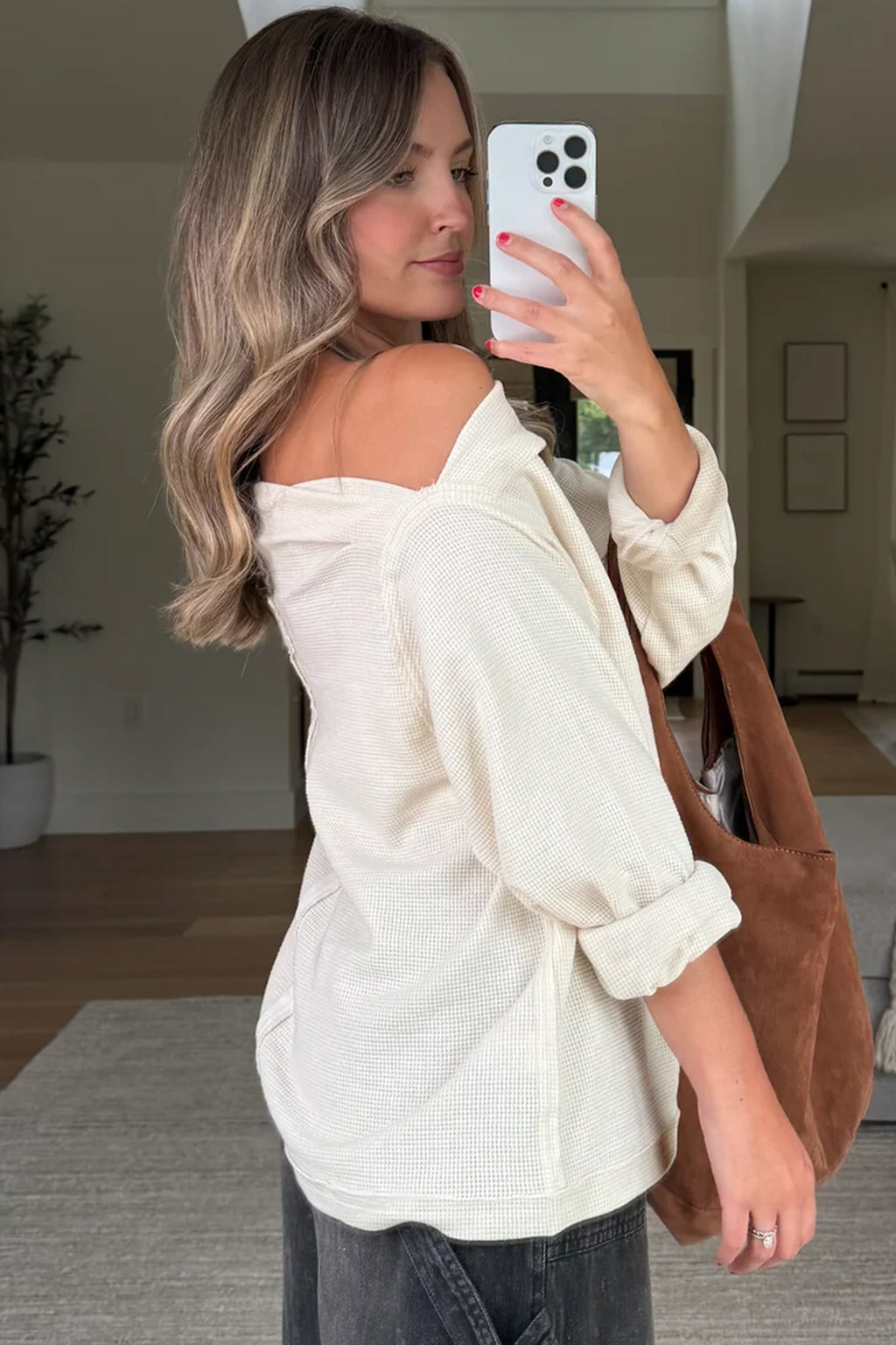 Beige Waffle Knit Long Sleeve Top