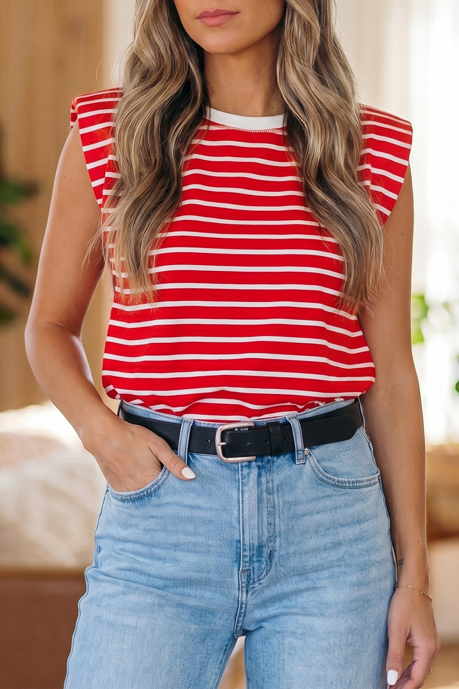 Red Stripe Ribbed Tank Top
