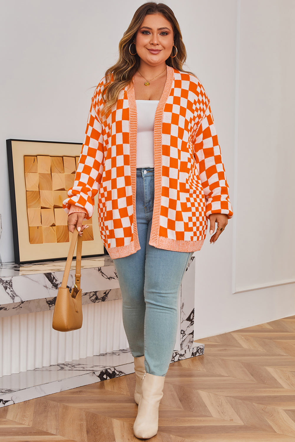 Orange Plus Size Checkered Open Cardigan