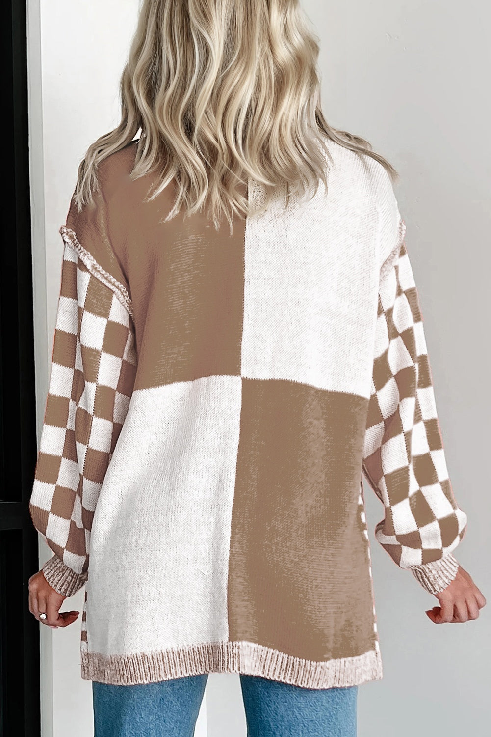 Brown Plus Size Checkered Open Cardigan