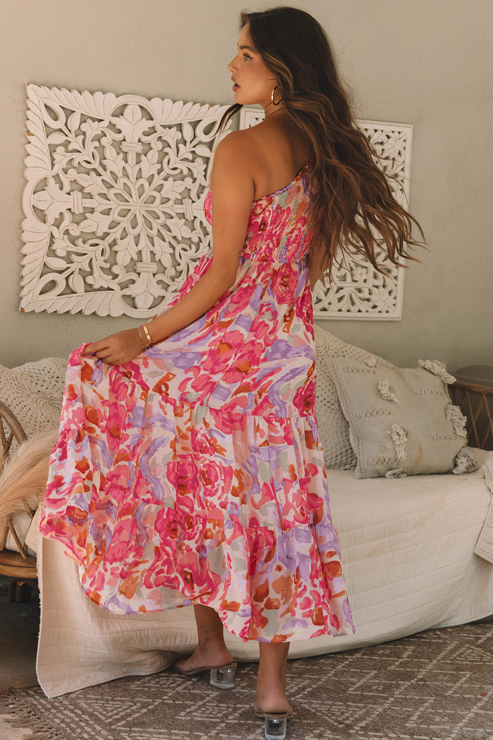Pink Floral One Shoulder Maxi Dress