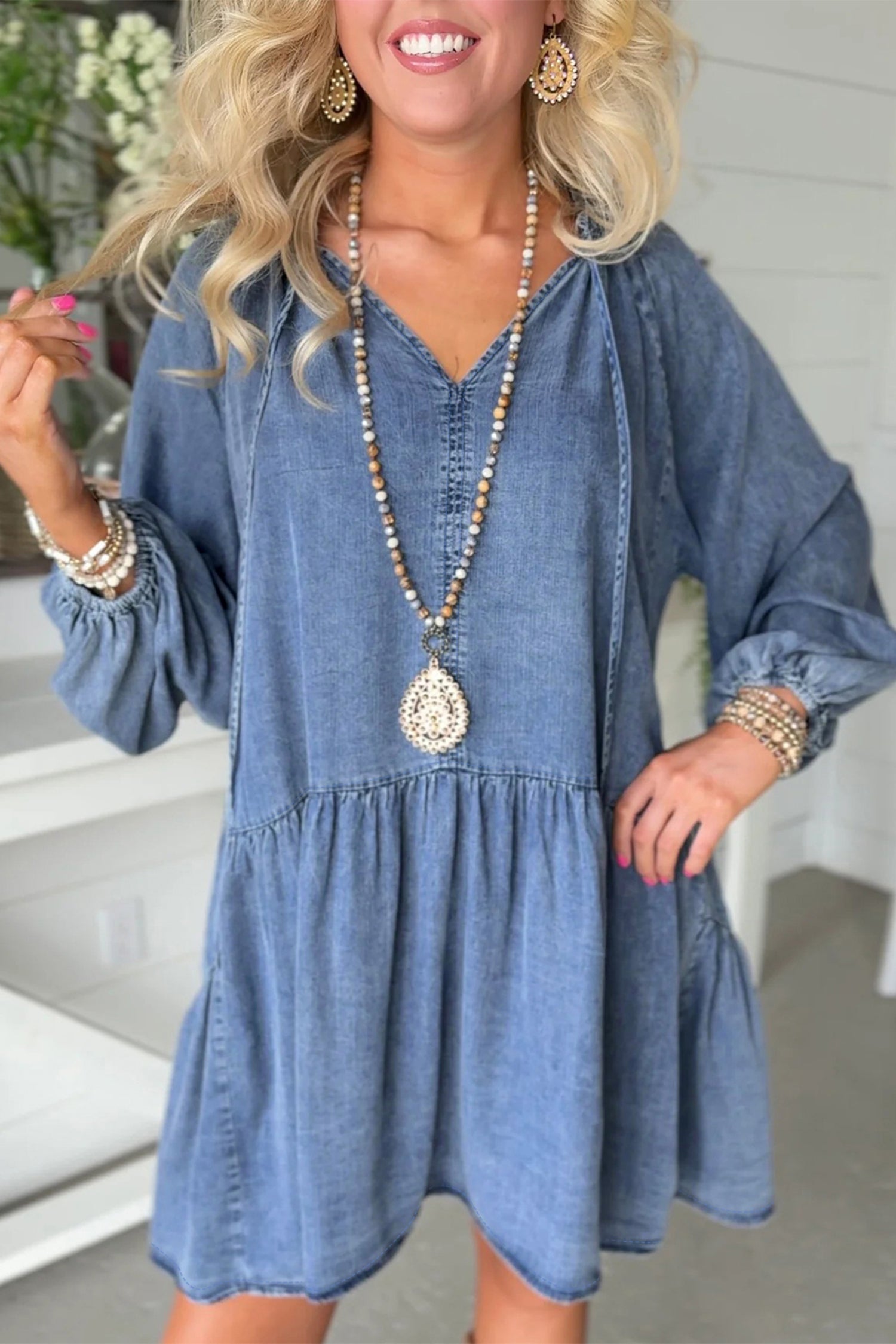 Blue Puff Sleeve Denim Mini Dress
