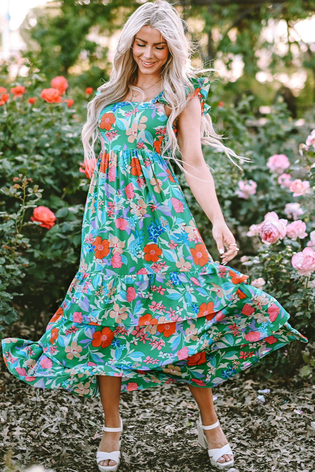 Green Floral Ruffle Maxi Dress