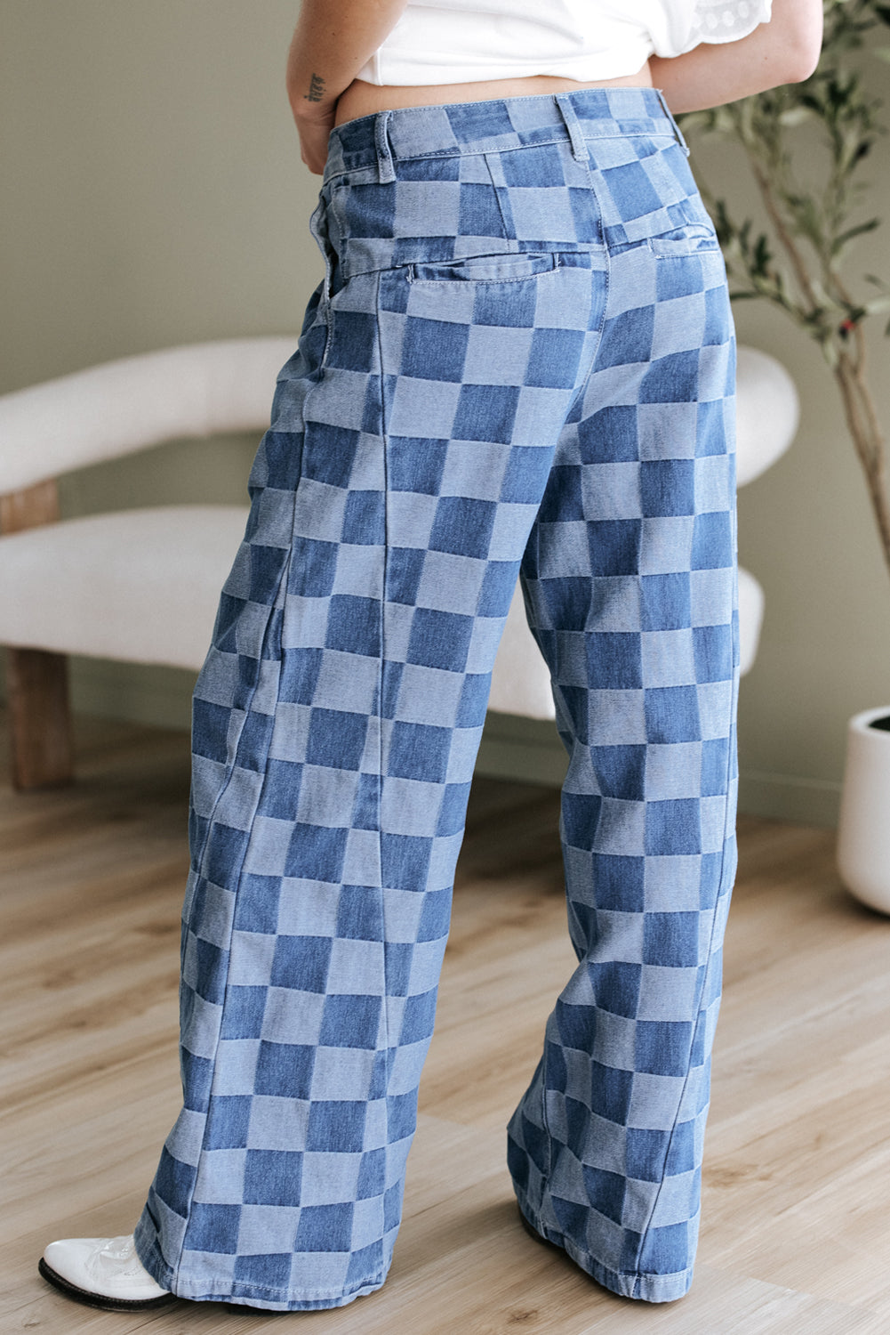Blue Checkered Wide Leg Jeans