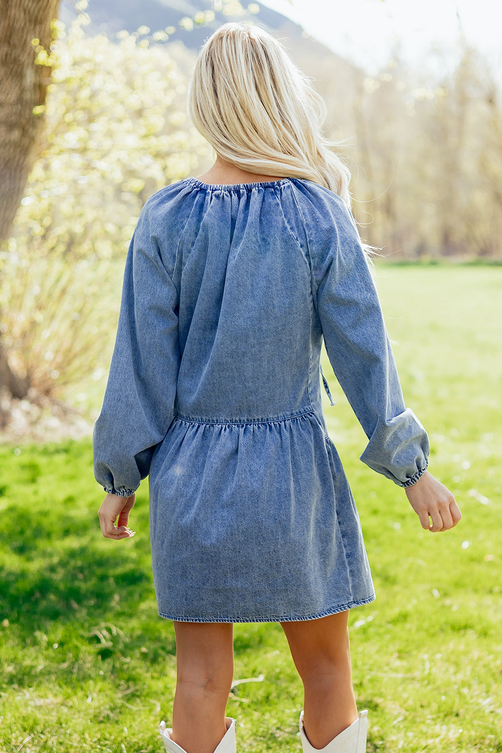 Blue Puff Sleeve Denim Mini Dress