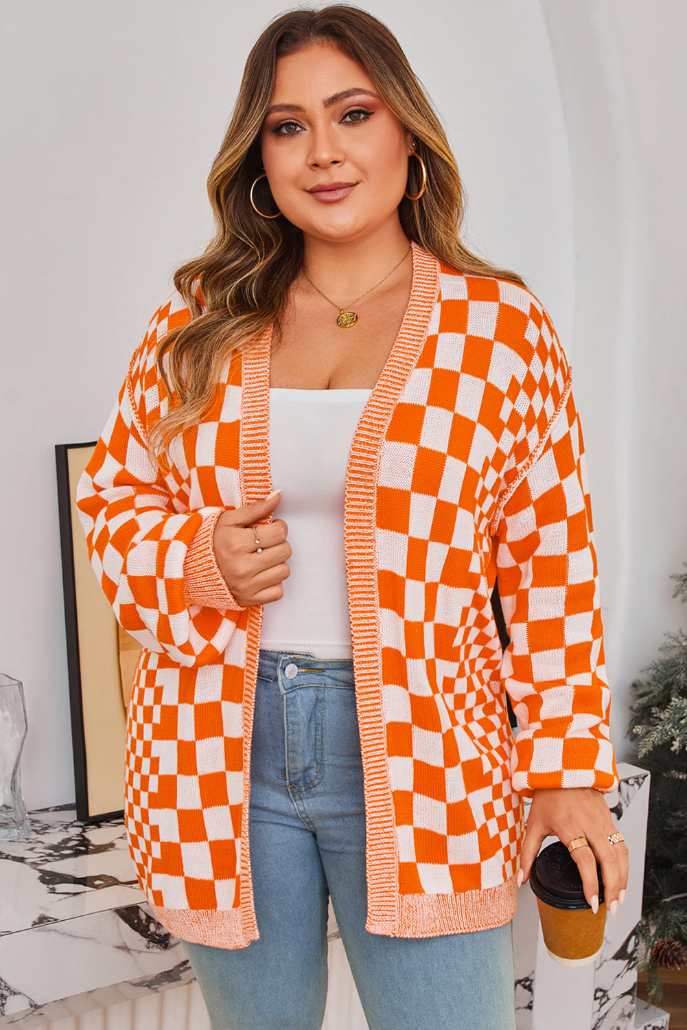 Orange Plus Size Checkered Open Cardigan