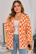 Orange Plus Size Checkered Open Cardigan
