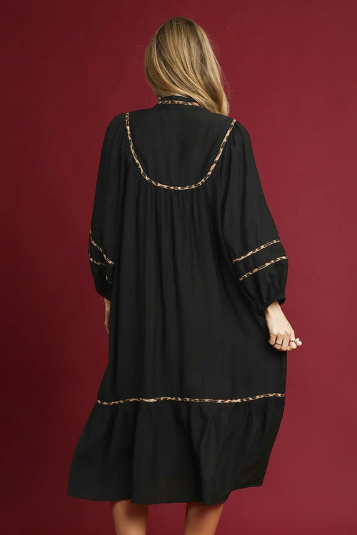 Black Leopard Trim Midi Dress