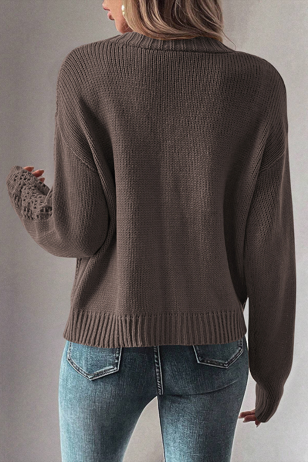 Brown Open Knit Drop Shoulder Cardigan