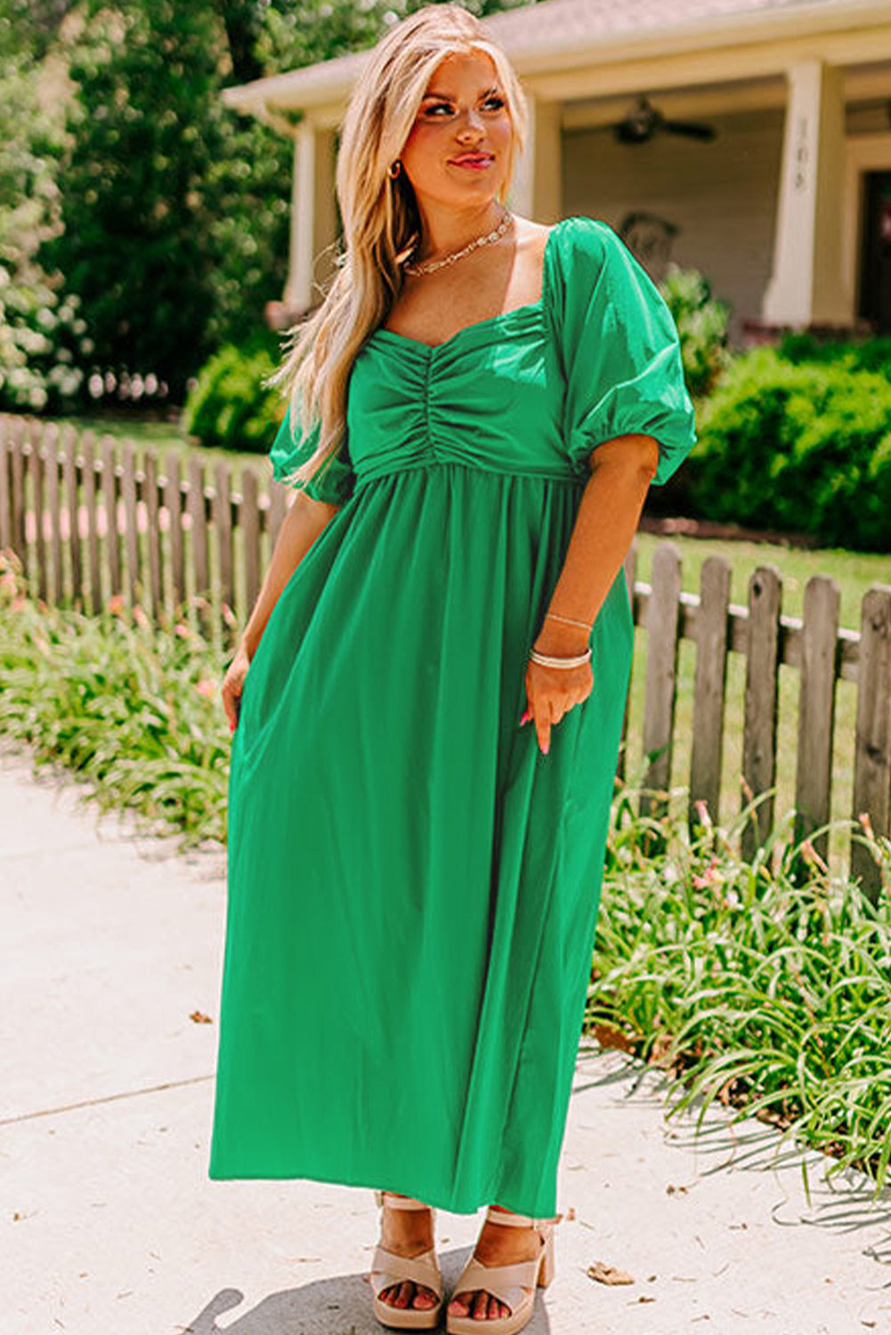 Green Plus Size Puff Sleeve Dress