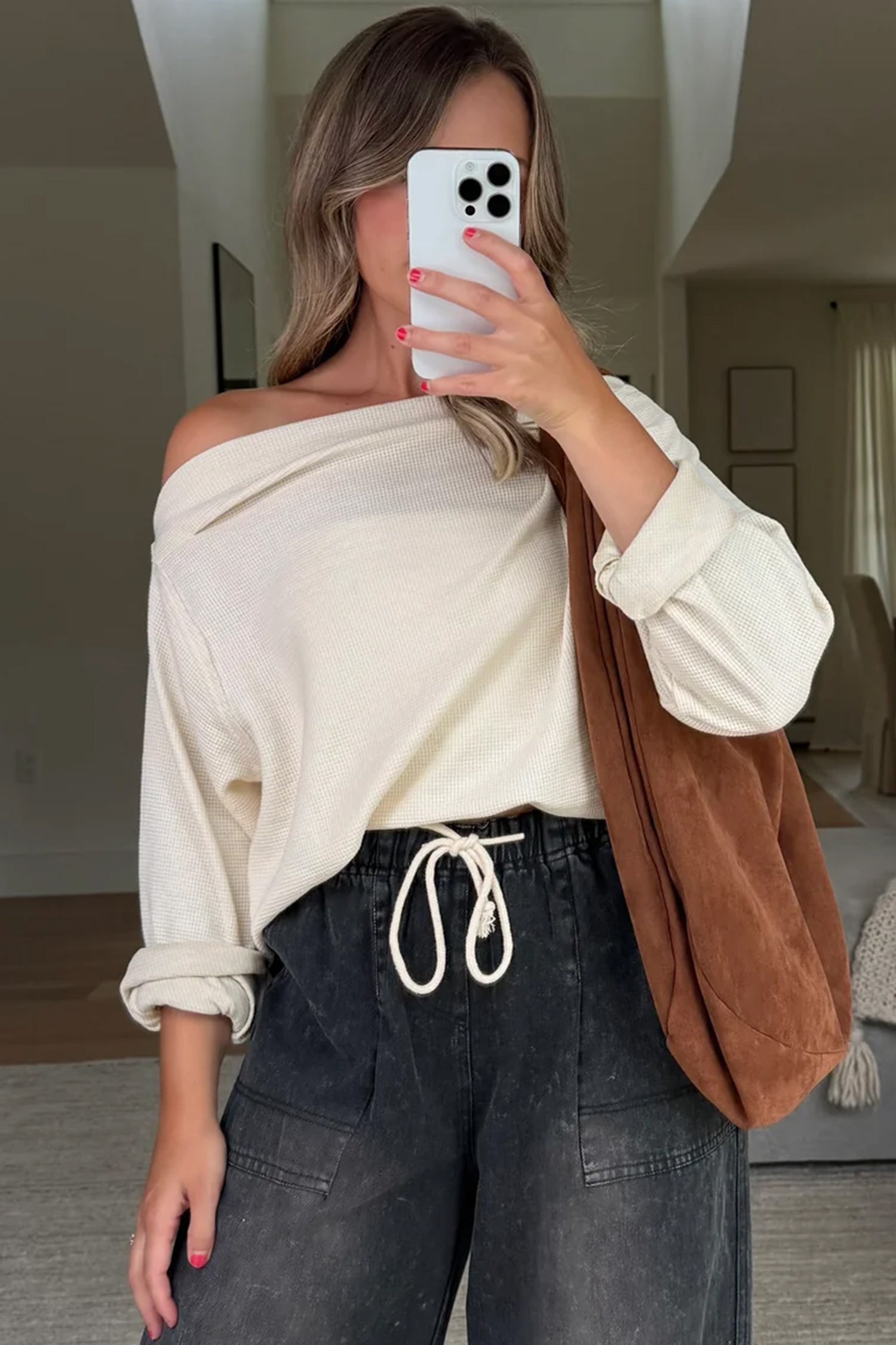 Beige Waffle Knit Long Sleeve Top