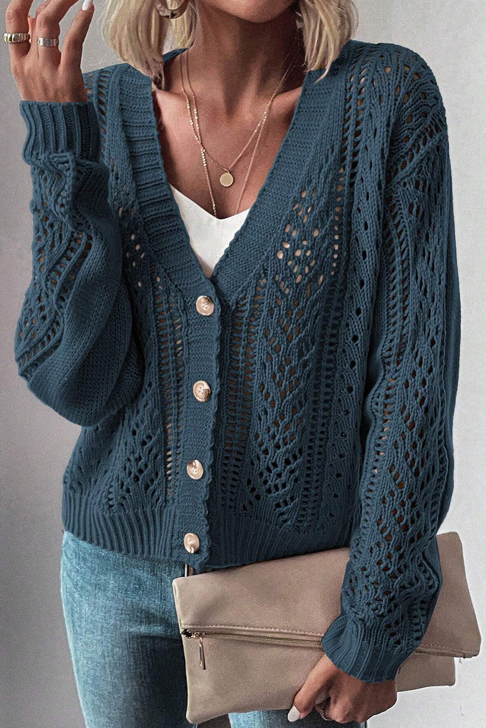 Teal Open Knit Drop Shoulder Cardigan