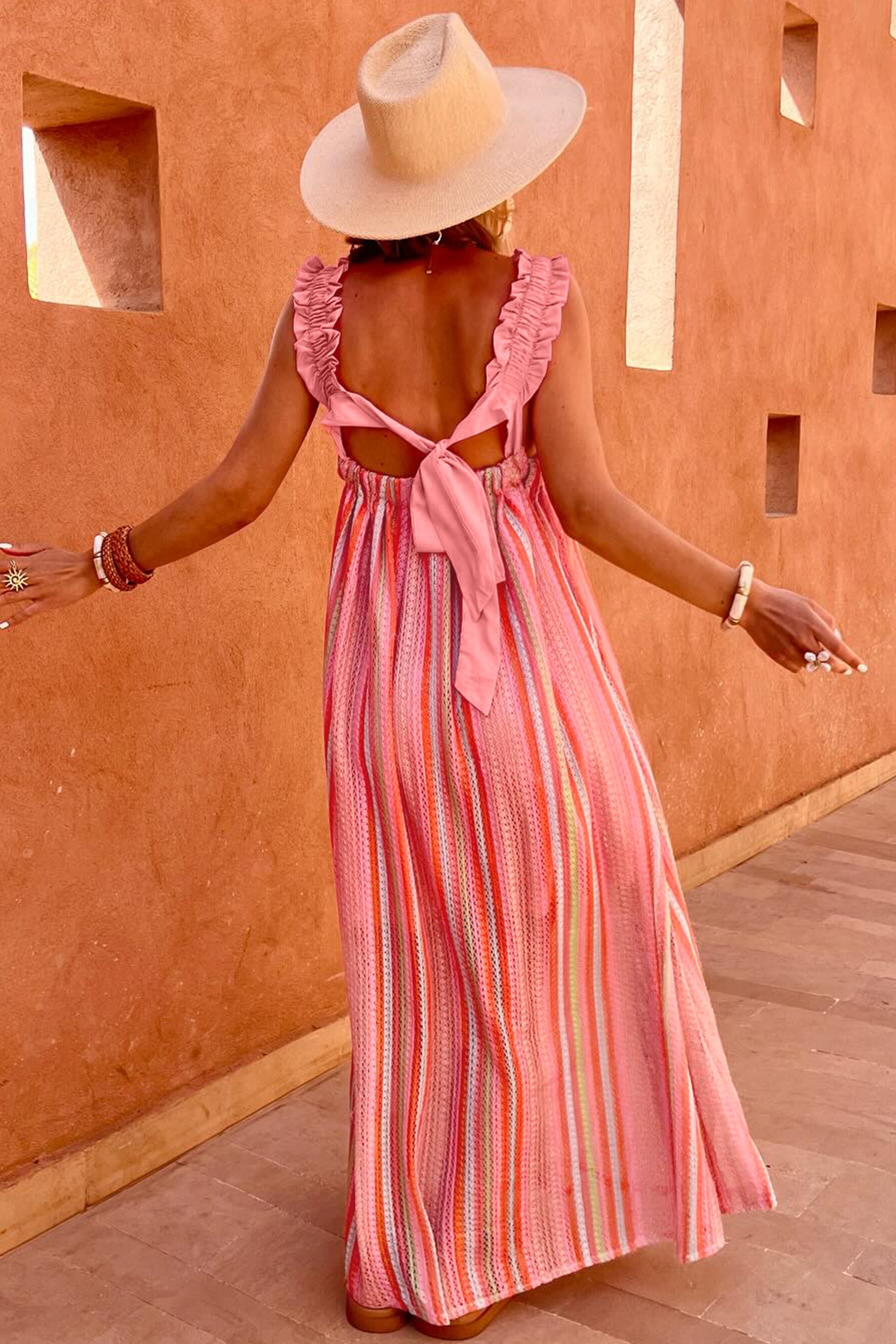 Pink Stripe Ribbon Knot Maxi Dress