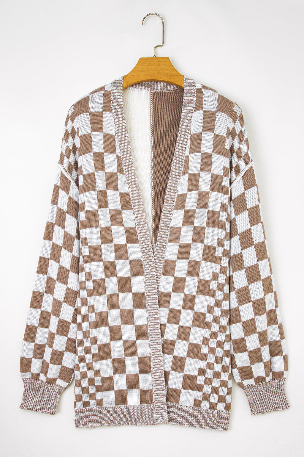 Brown Plus Size Checkered Open Cardigan