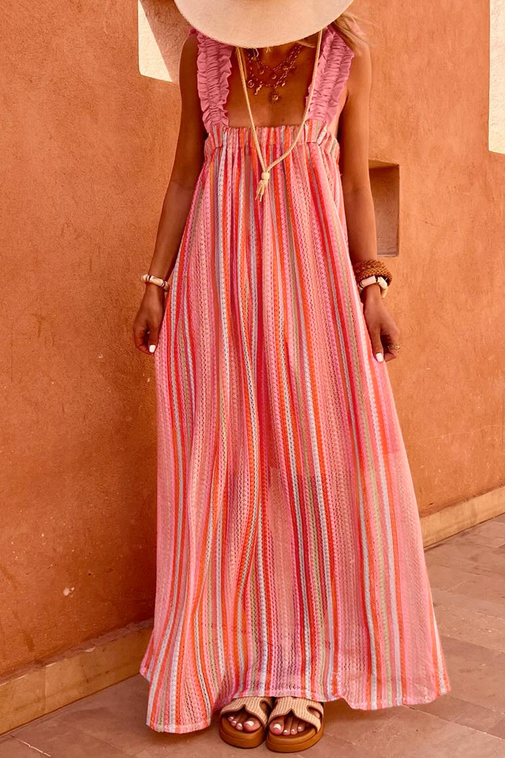 Pink Stripe Ribbon Knot Maxi Dress