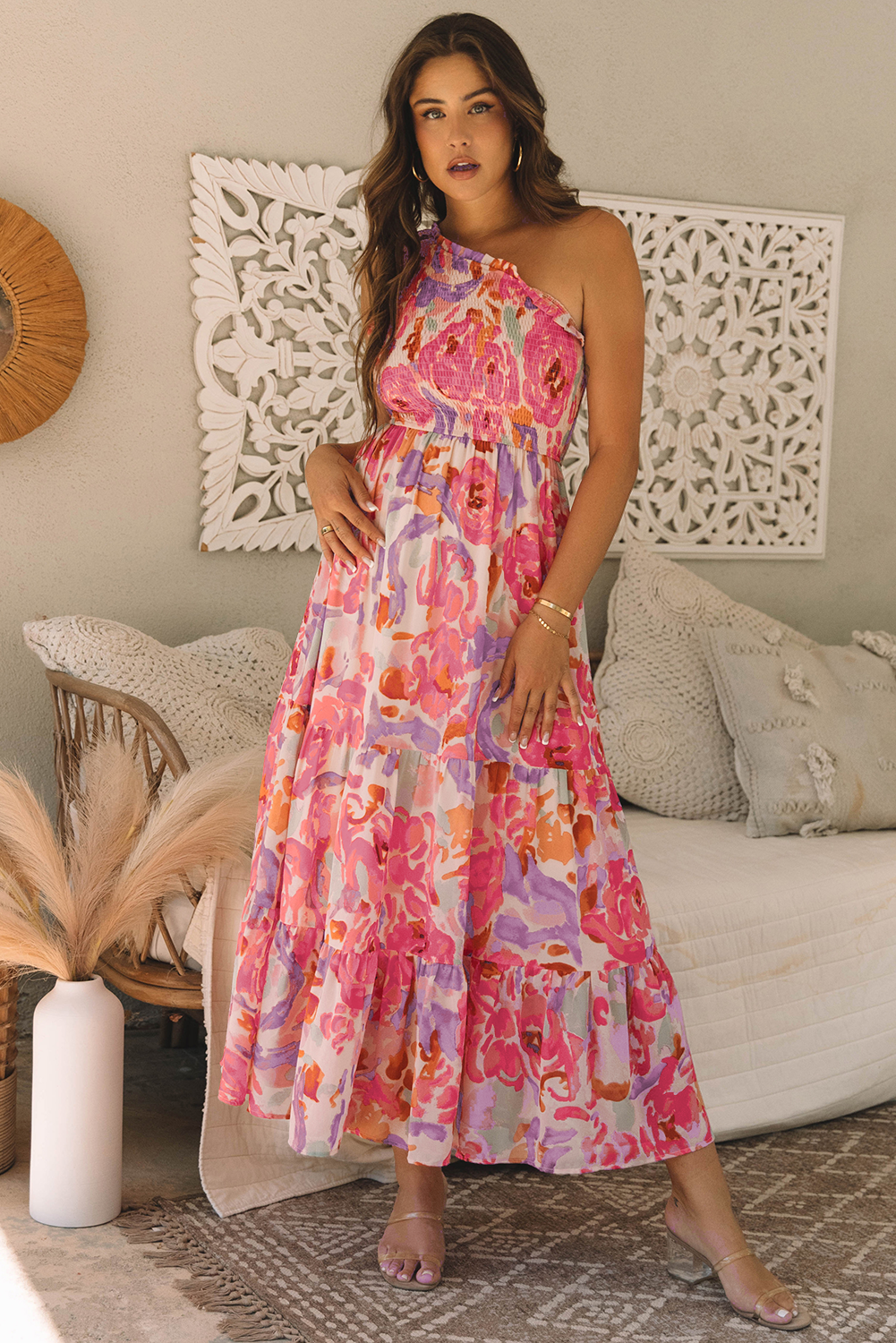 Pink Floral One Shoulder Maxi Dress