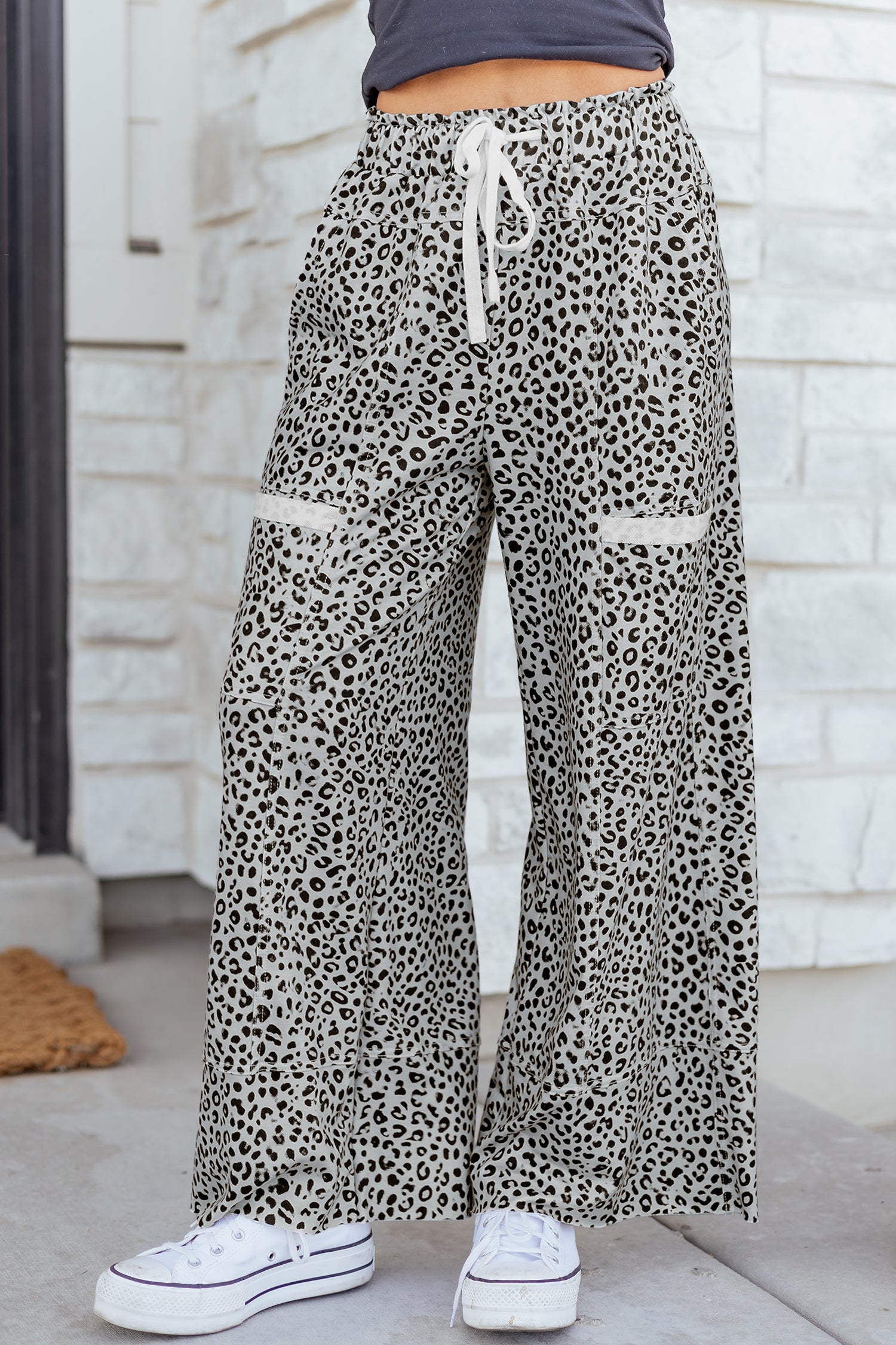 Gray Animal Print Wide Leg Pants