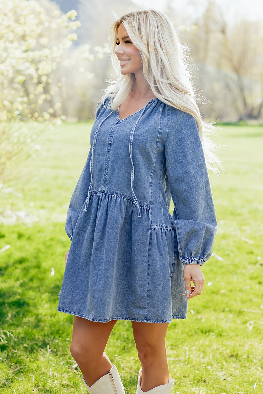 Blue Puff Sleeve Denim Mini Dress