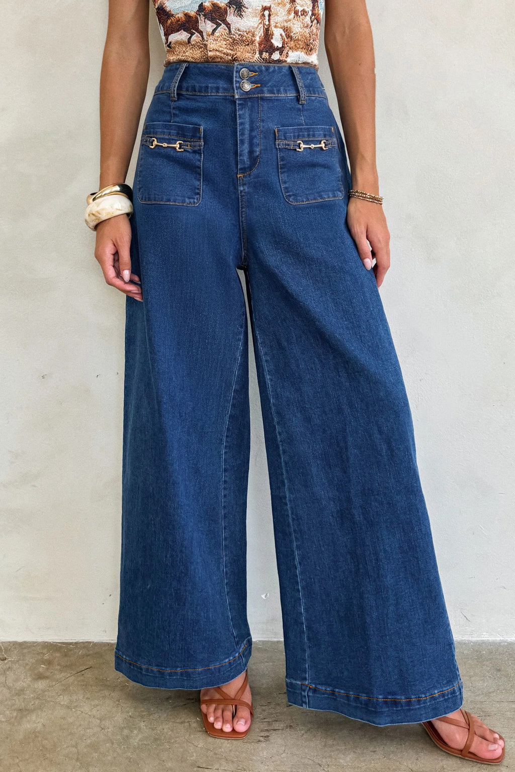 Blue Wide Leg Hardware Denim Pants