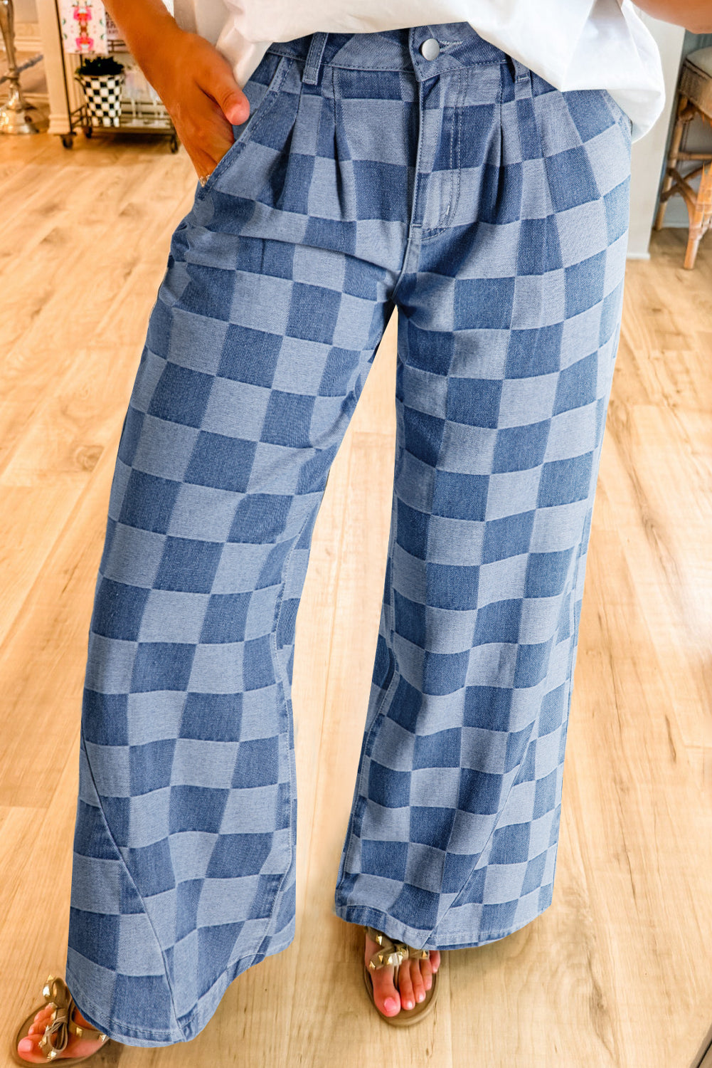 Blue Checkered Wide Leg Jeans