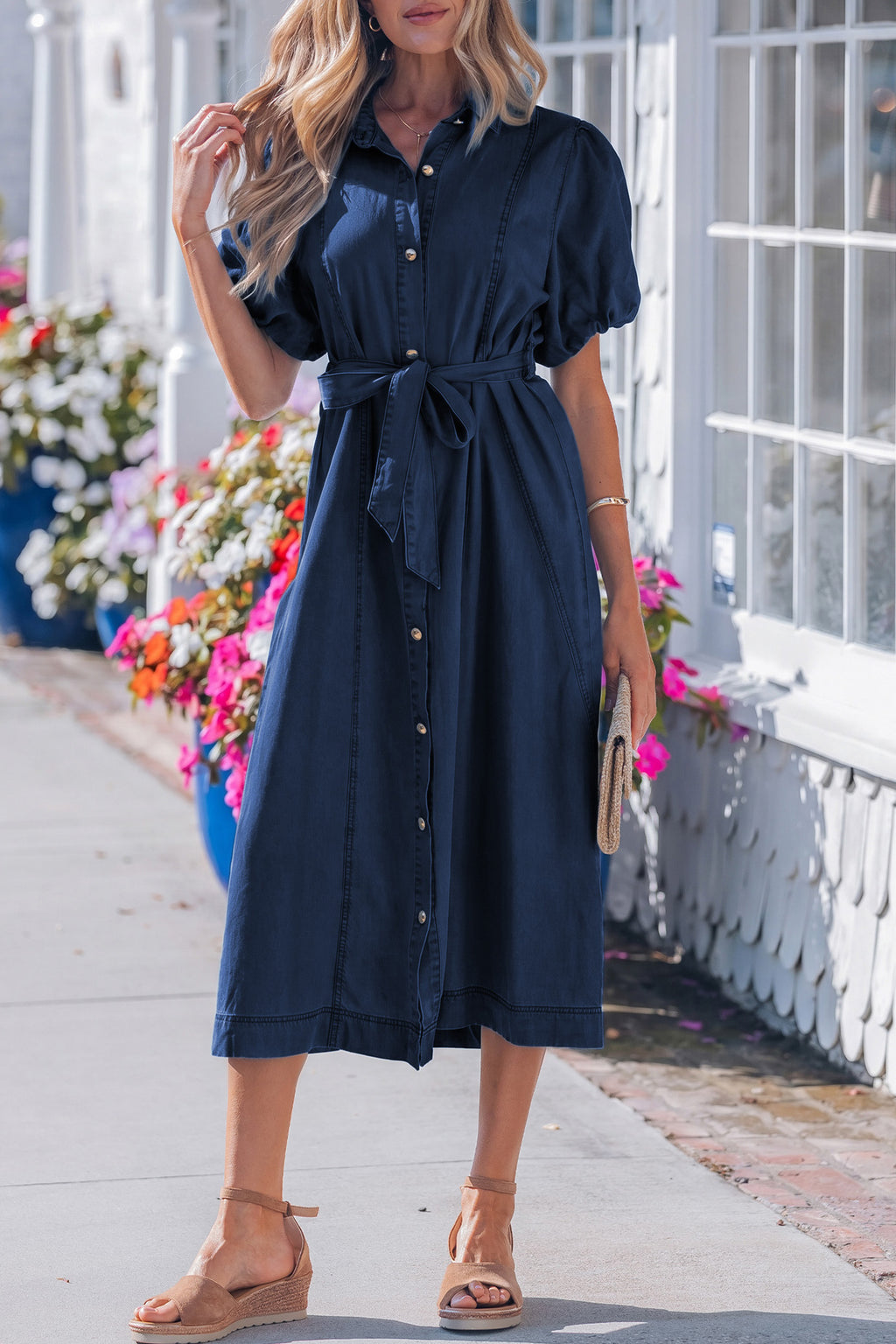 Blue Button-Down Denim Maxi Dress