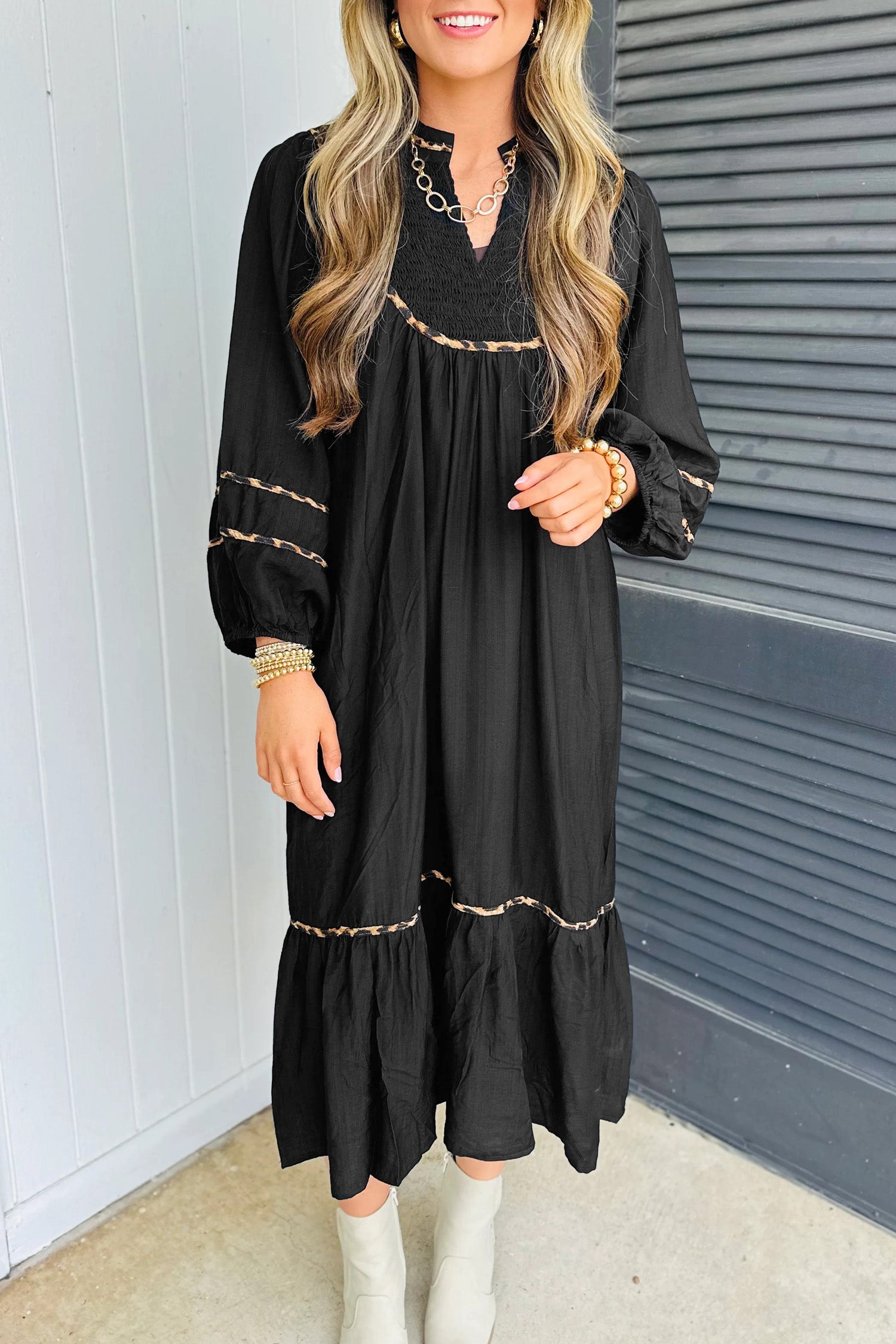 Black Leopard Trim Midi Dress