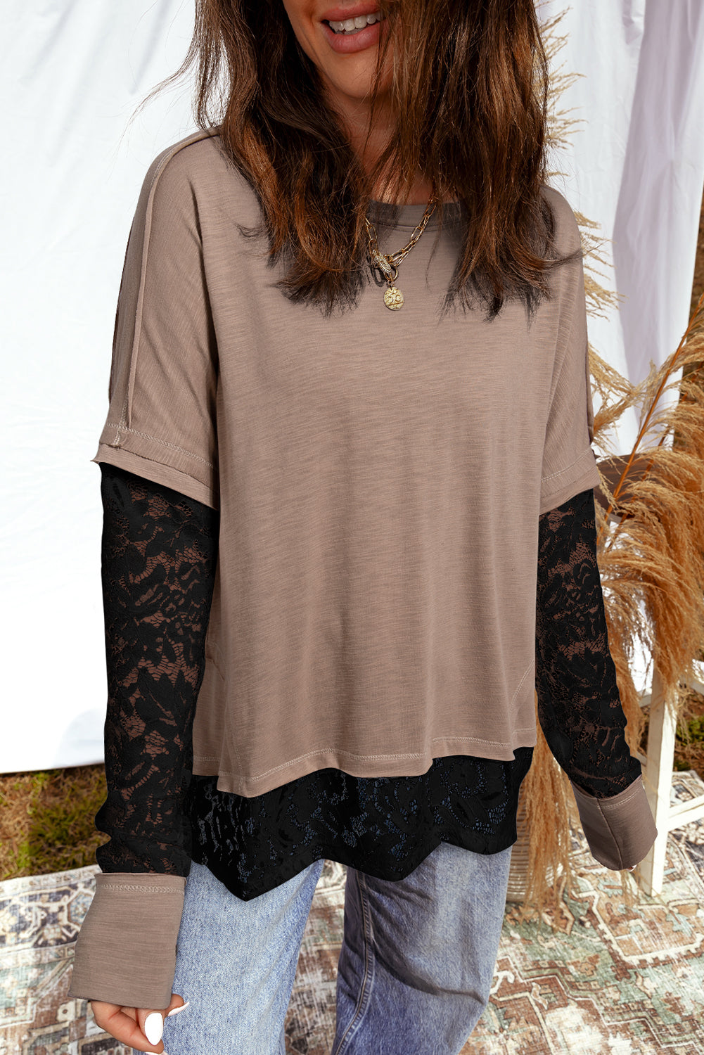 Beige Lace Patchwork Long Sleeve Tee
